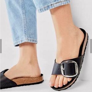 Birkenstock Madrid Big Buckle Sandles. Black leather with  silver buckle